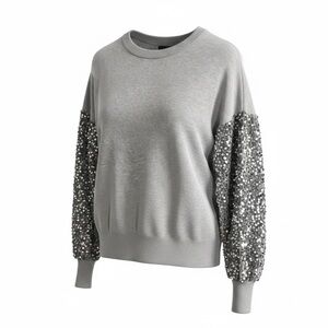 Sequin Sleeve Off-the-Shoulder Sweater in Gray